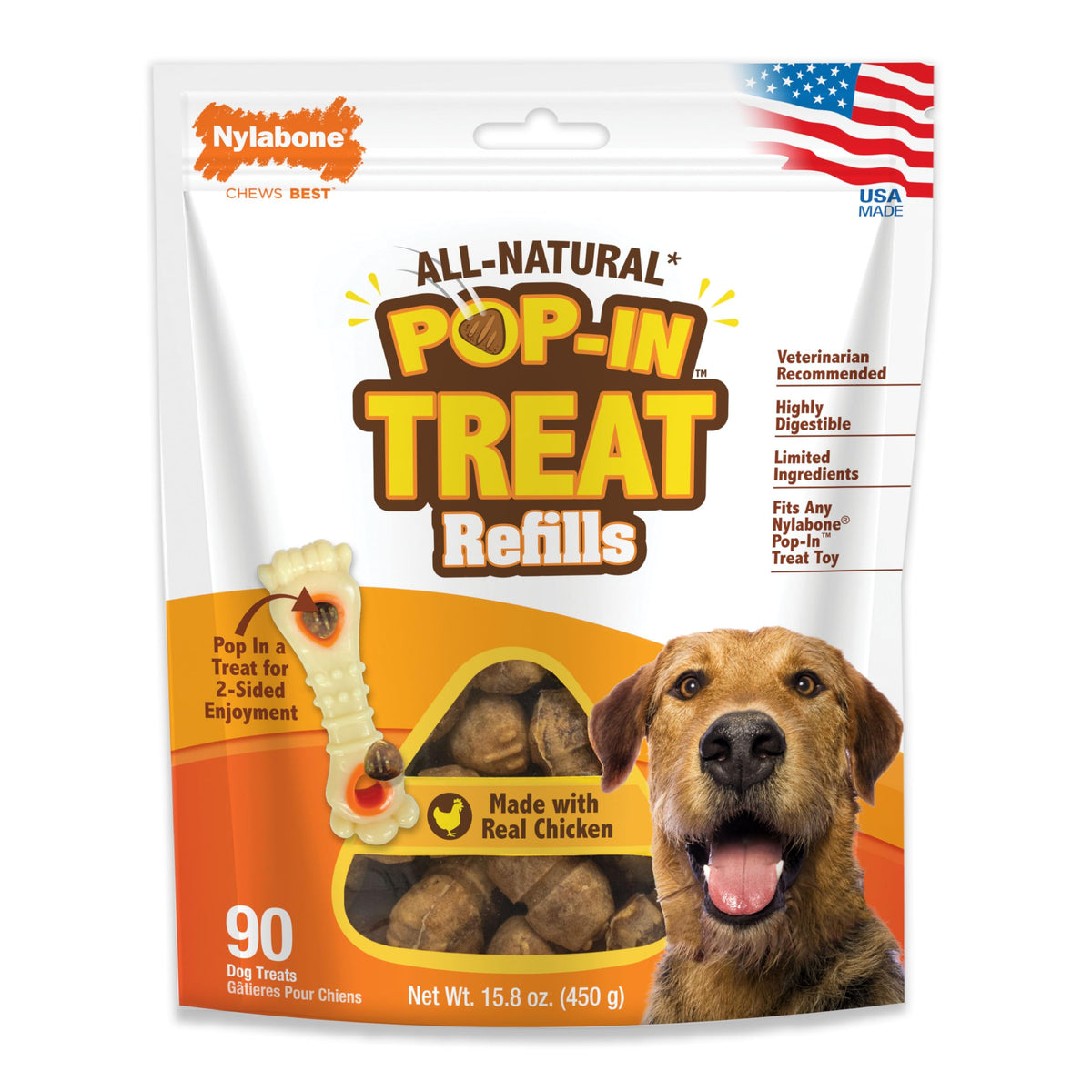 Nylabone Pop-In refill treats with real chicken for a long-lasting chew.