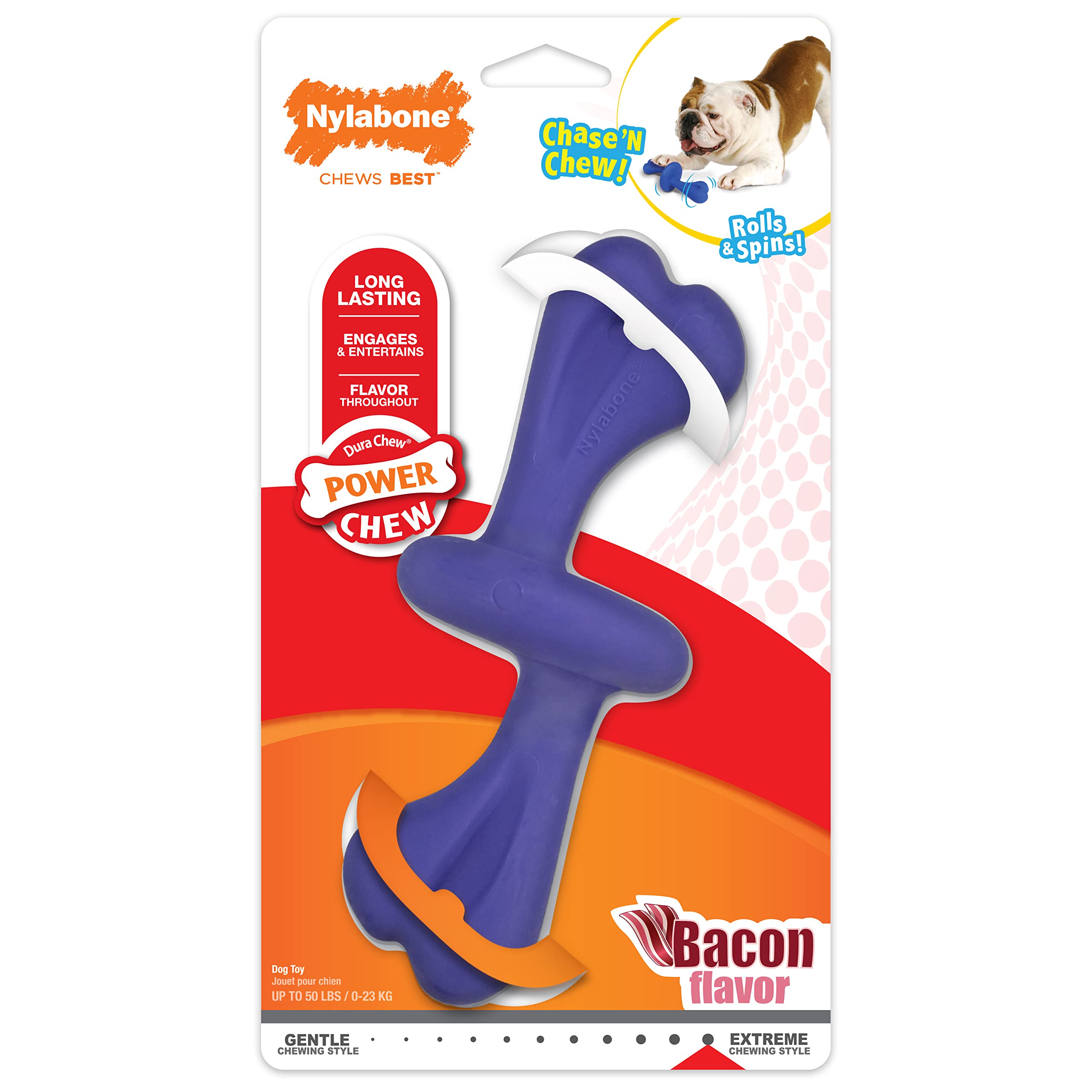 Nylabone Power Chase N Chew Toy in purple with rolling action for engaging playtime