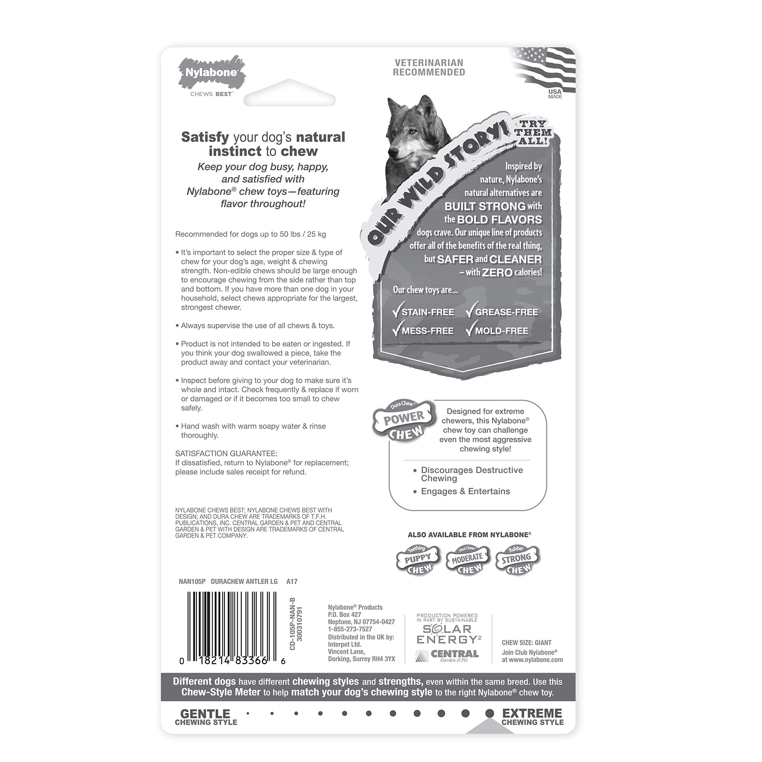 Nylabone Power Chew Antler Alternative splinter-free design for safer chewing.