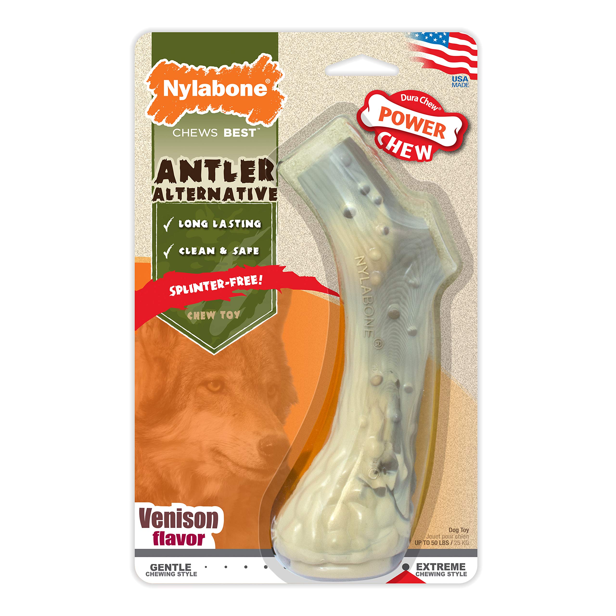 Nylabone Power Chew Antler Alternative venison-flavored toy for aggressive chewers.