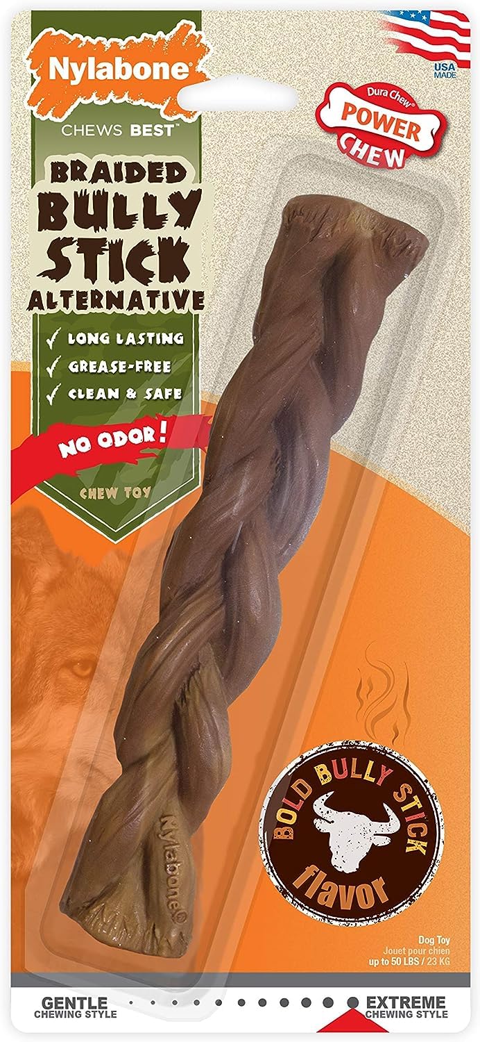 Nylabone Power Chew braided bully stick alternative for dogs up to 50 lbs reduces chewing destruction.