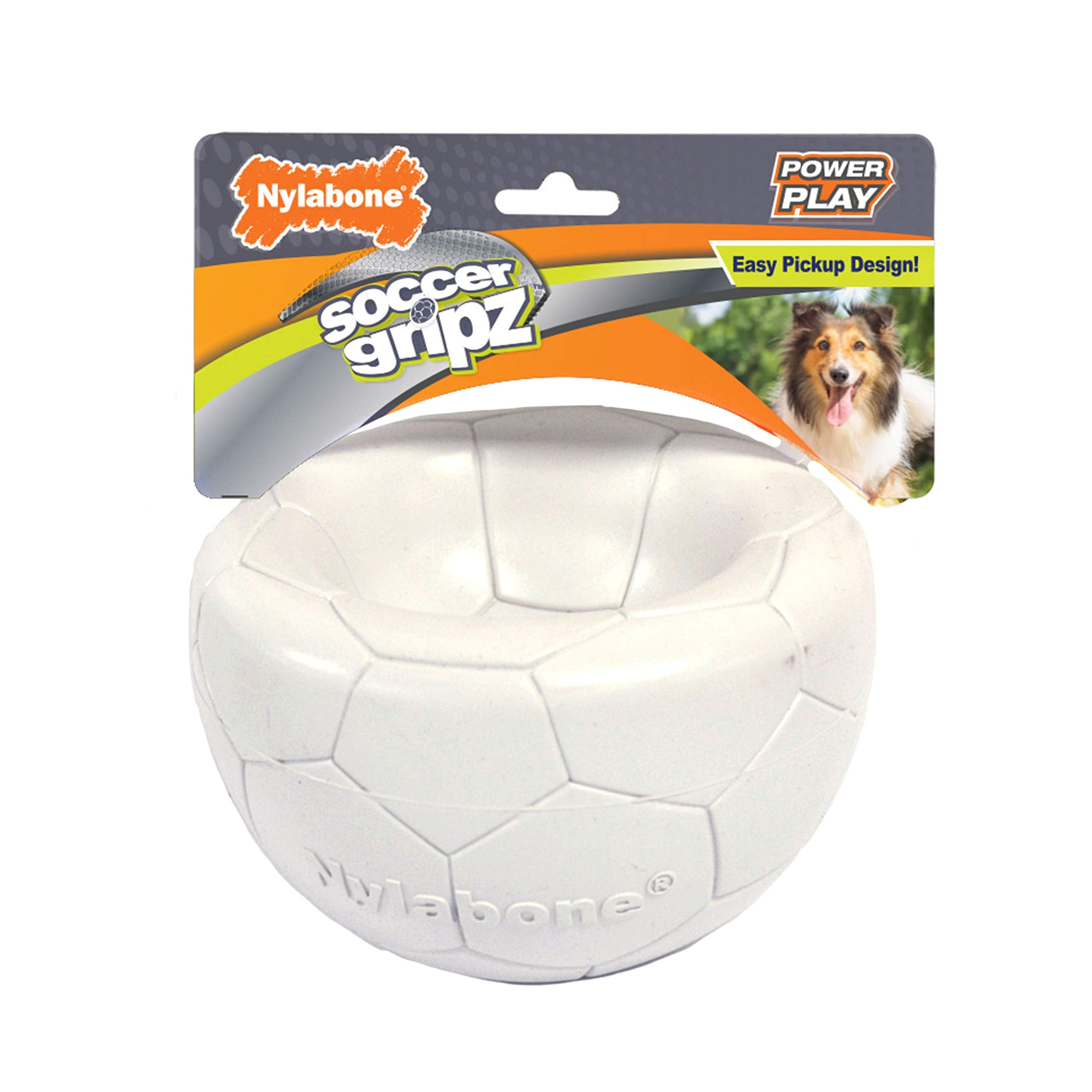 Nylabone Power Play Gripz soccer ball with pickup indent for easy grab