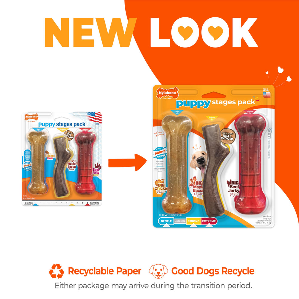 Nylabone Puppy Stages maple-bacon stick toy with wood texture for engaging chewing