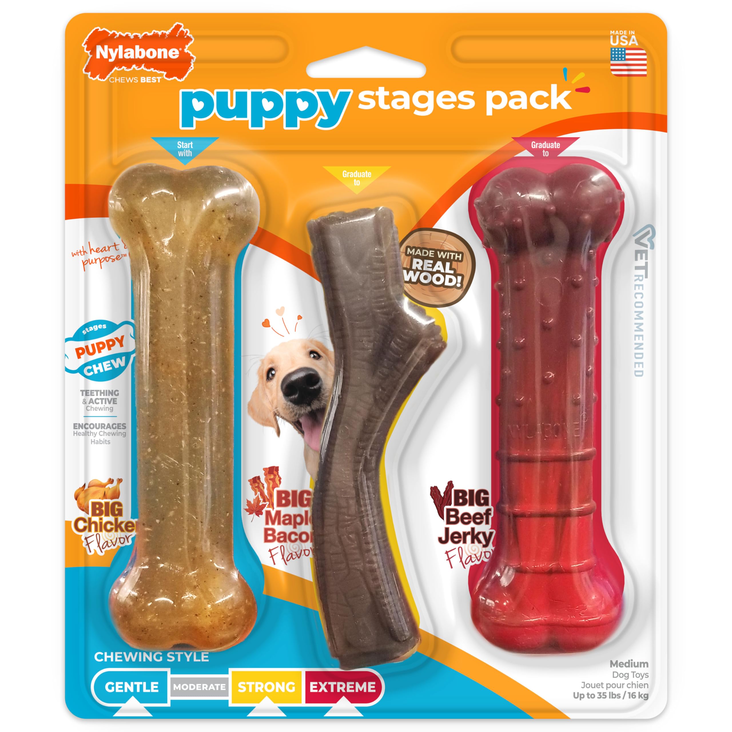 Nylabone Puppy Stages chicken toy shown for teething relief and dental play