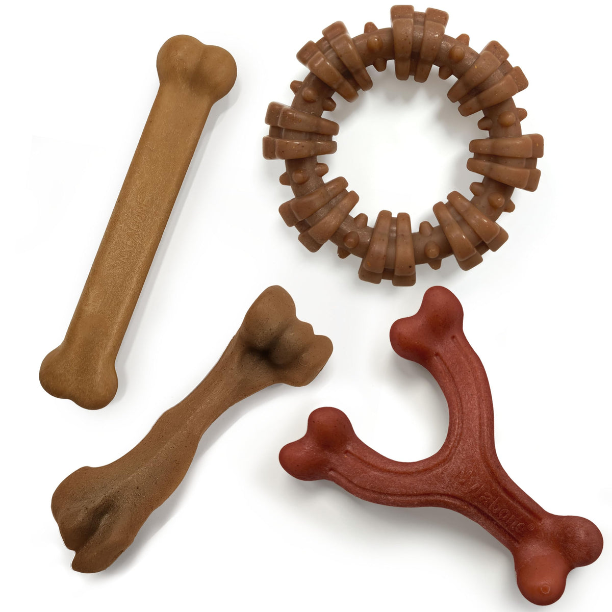 Nylabone Strong Chew Four-Pack bundle for large dogs up to 50 lbs, with varied shapes
