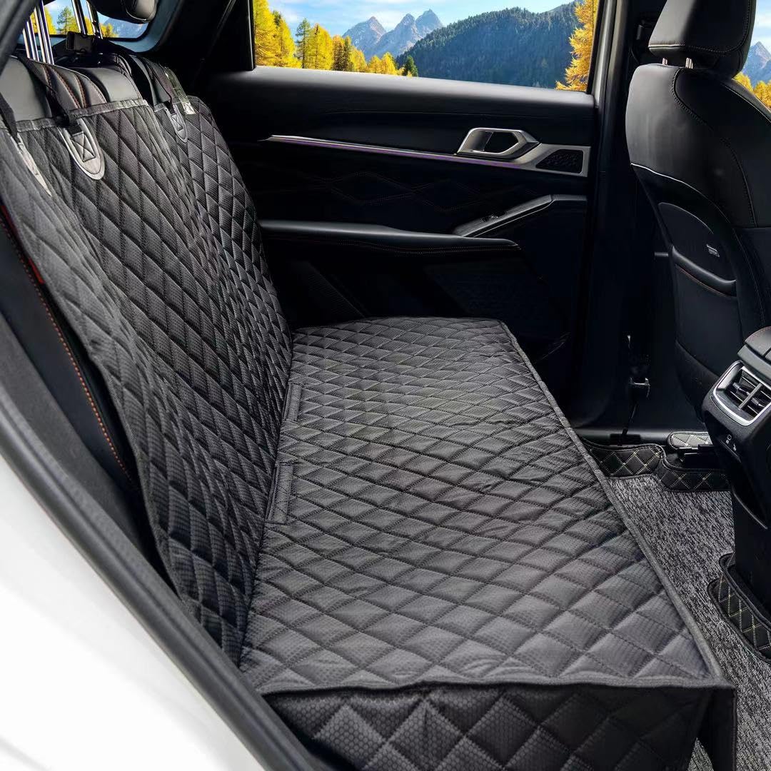 NYLSYT dog seat cover on back seat showing waterproof material for mess-free trips.