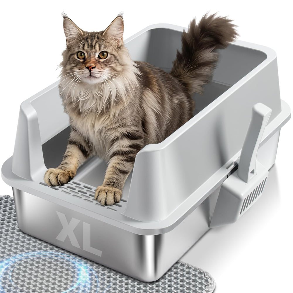 Nyutu stainless steel litter box with lid, top view, easy cleaning and containment.
