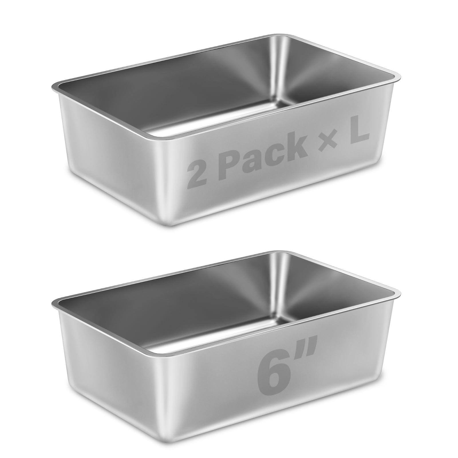 Nyutu stainless steel litter box front view with deep sides for spill containment.