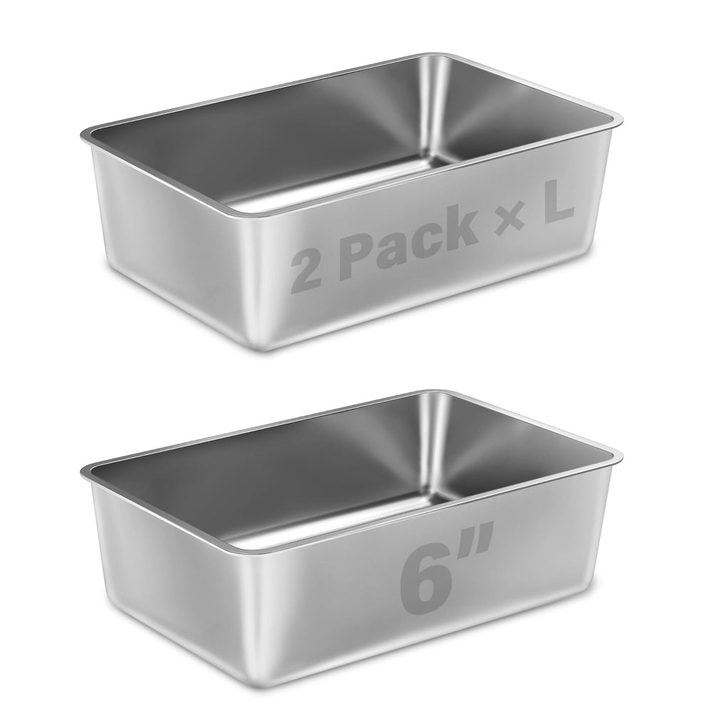 Nyutu stainless steel litter box front view with deep sides for spill containment.