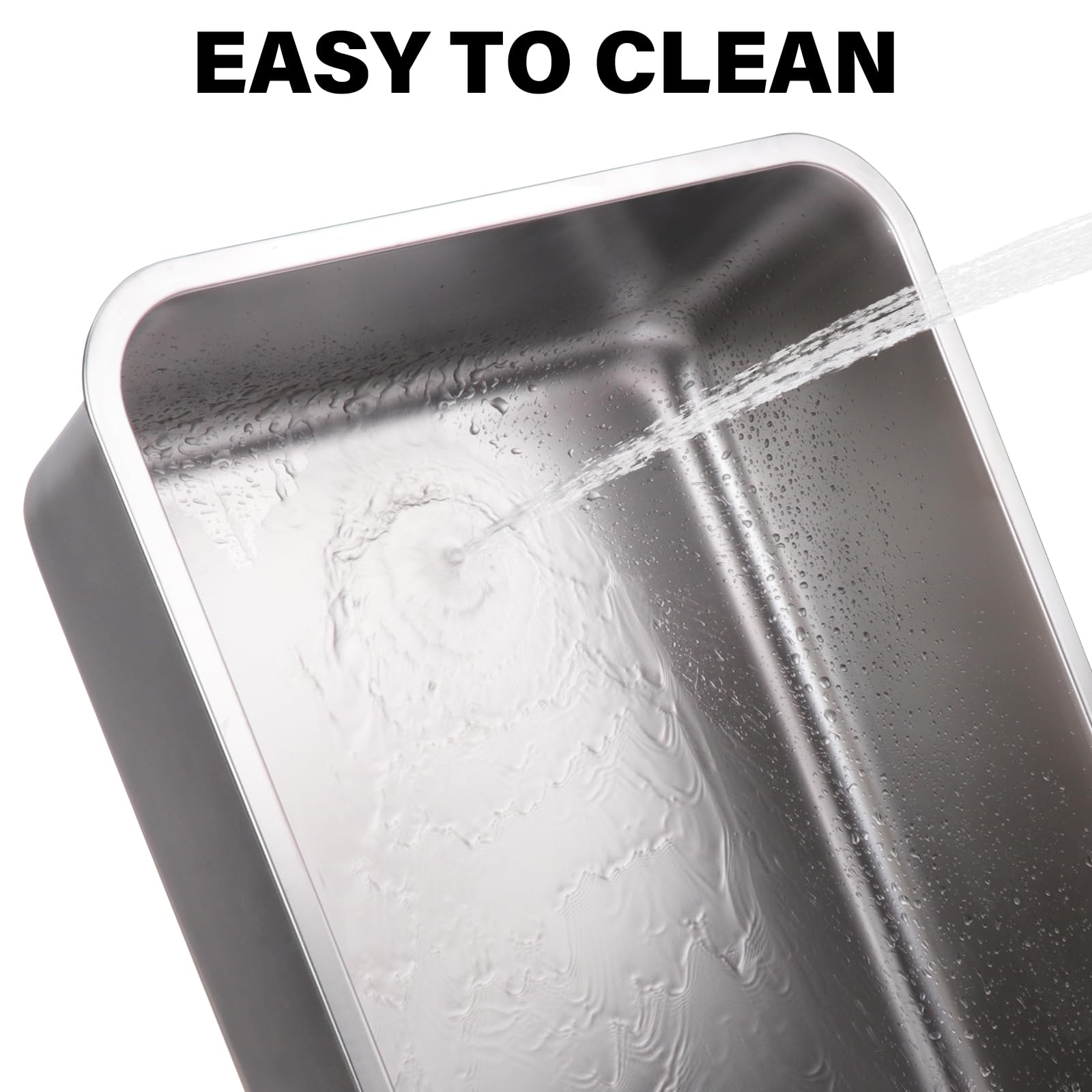 Nyutu stainless steel pan shown empty for quick, hygienic cleanup.