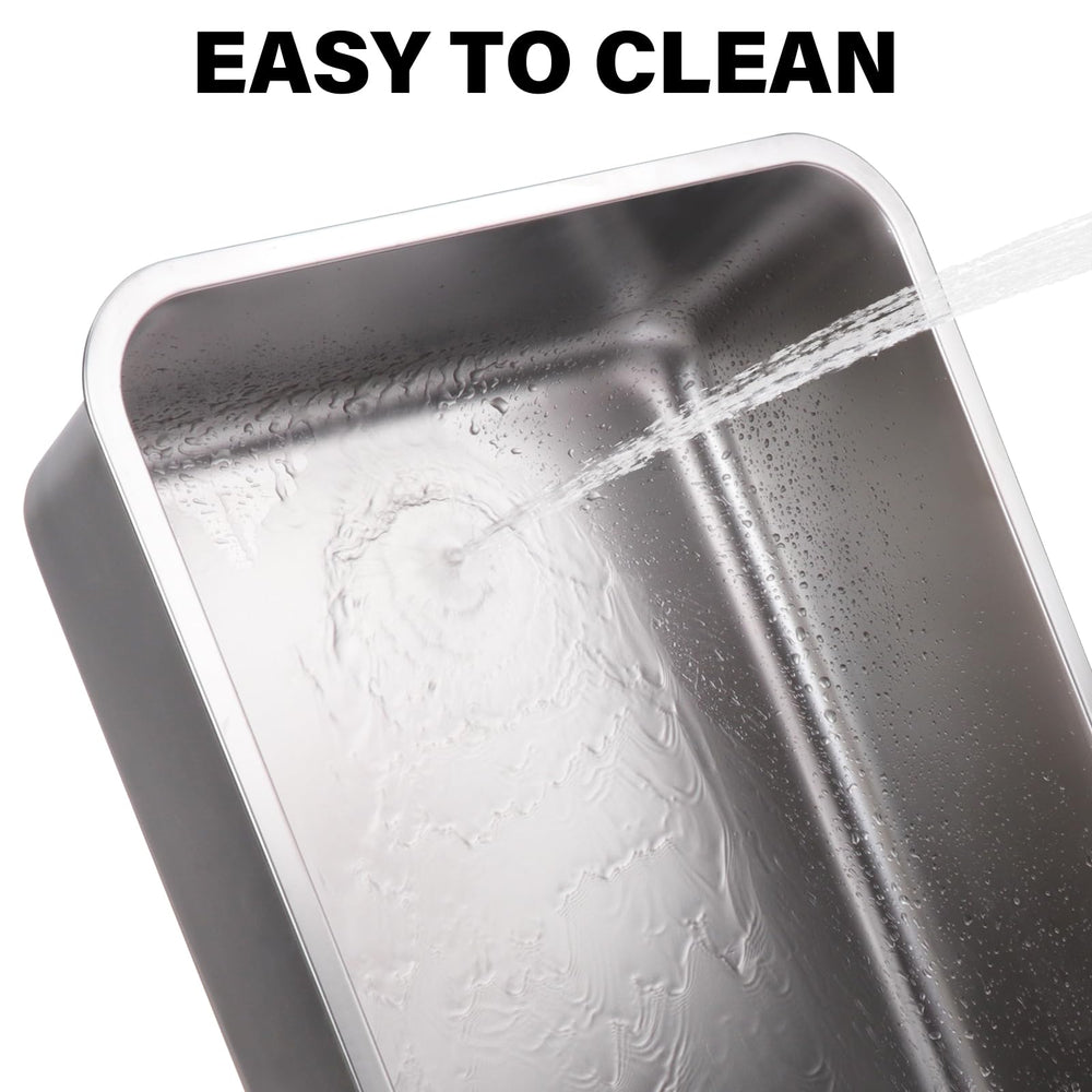 Nyutu stainless steel pan shown empty for quick, hygienic cleanup.