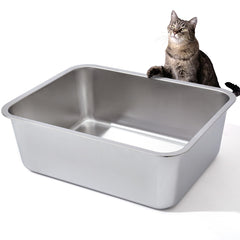 Nyutu stainless steel litter box front view with high sides for containment.