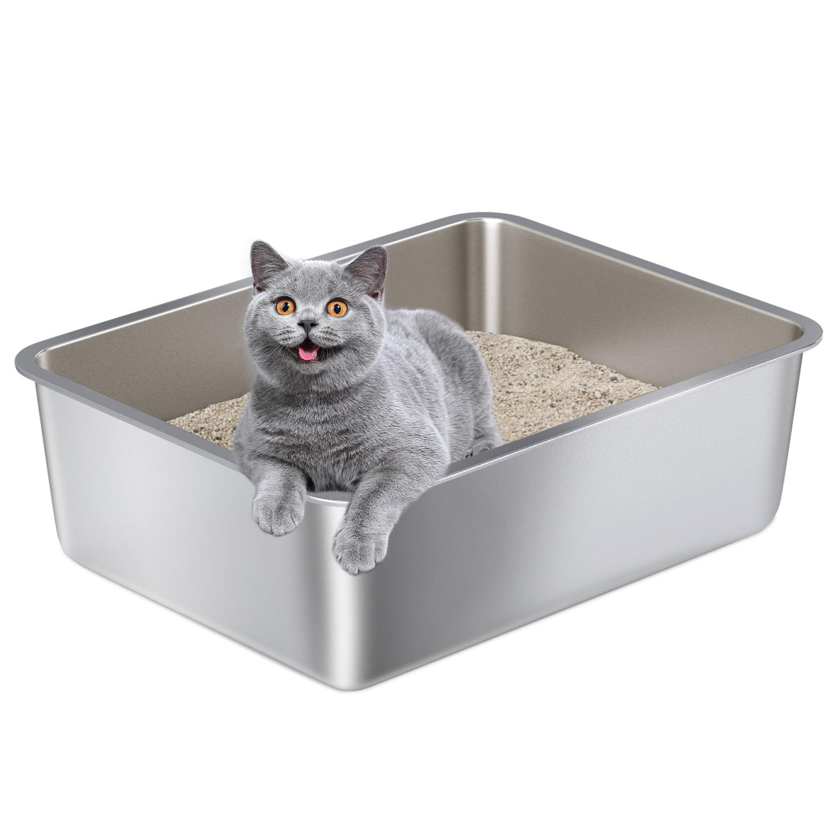 Nyutu stainless steel litter box with open top for easy access and cleaning.
