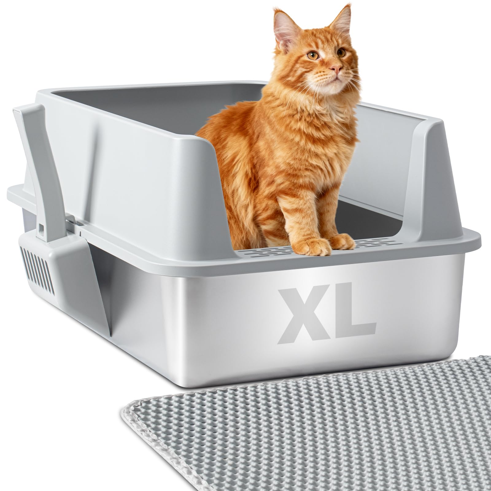 Nyutu XL stainless steel litter box with lid for easy containment and odor control.