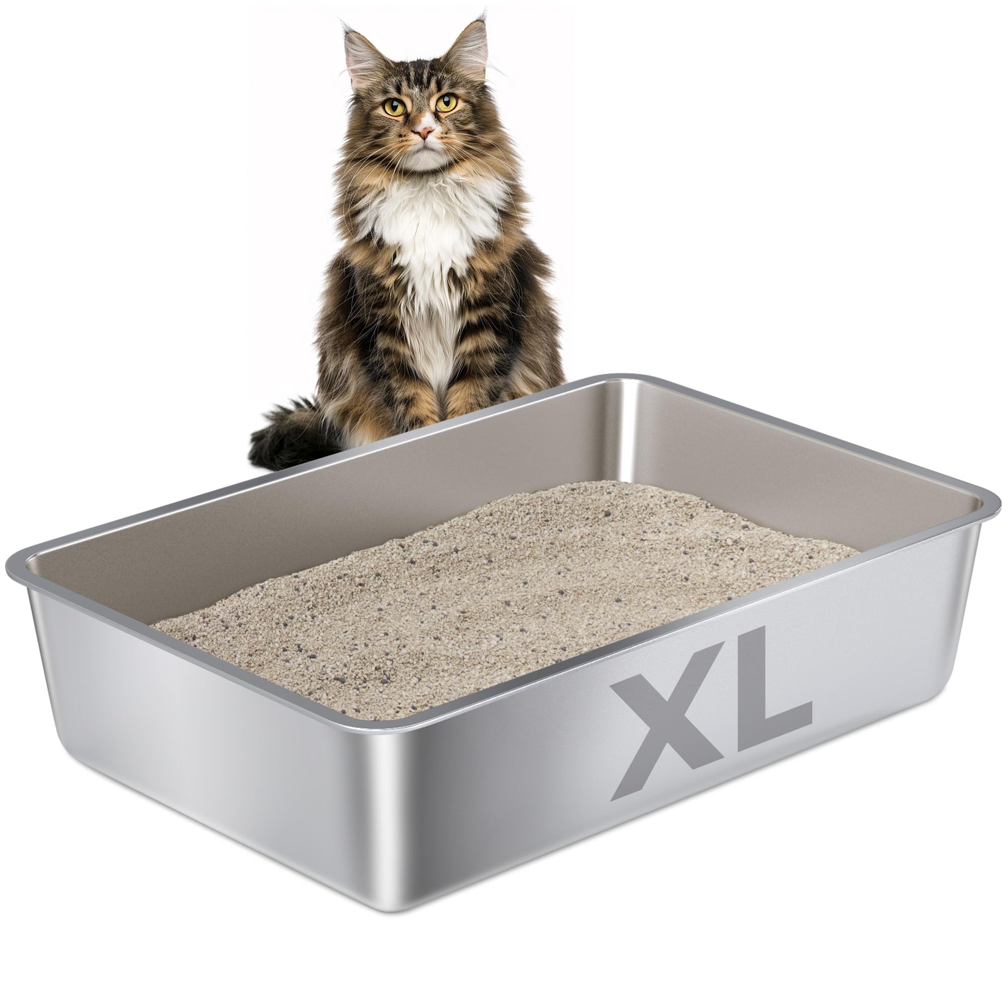 Nyutu XL stainless steel litter box top view showing open design for easy access.