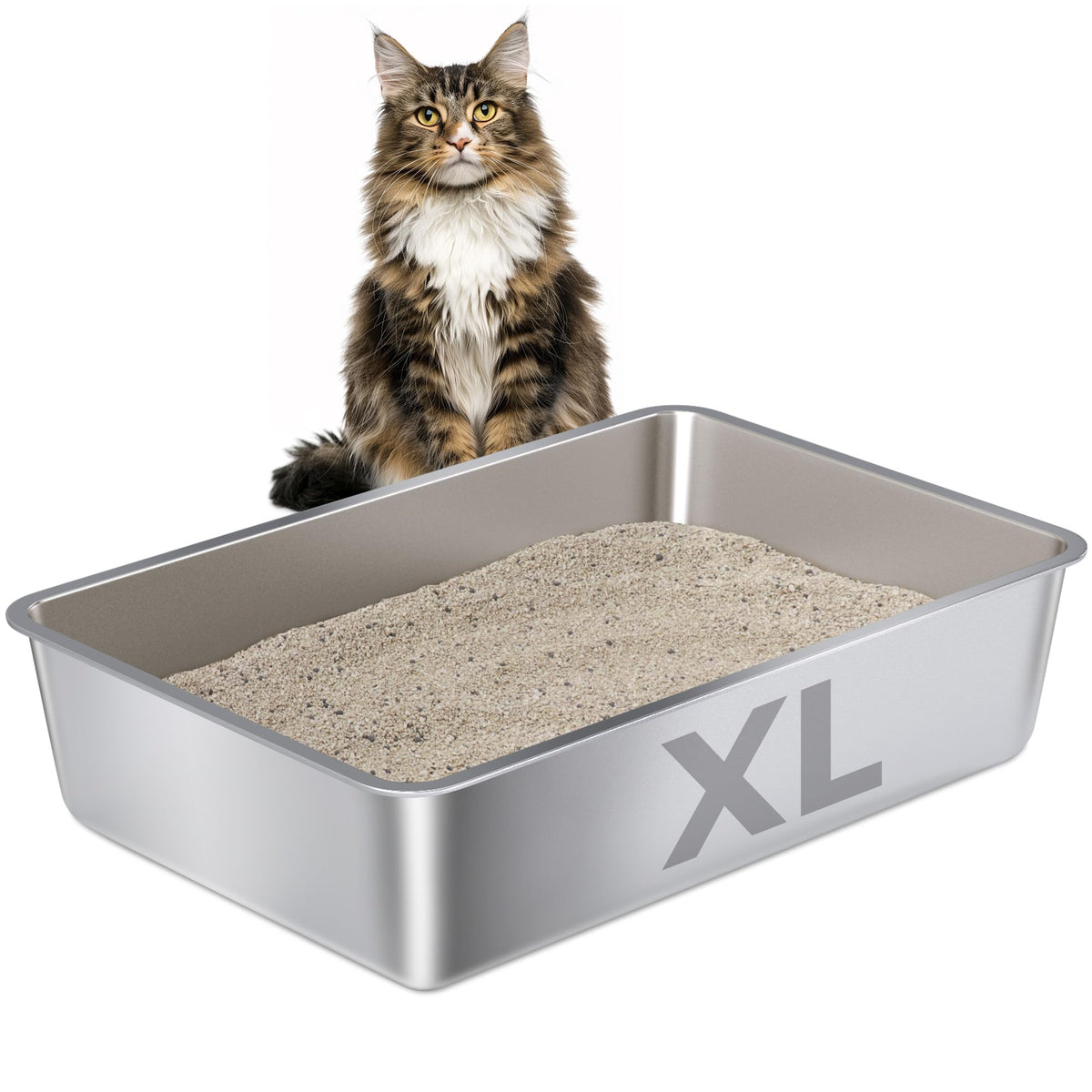 Nyutu XL stainless steel litter box top view showing open design for easy access.