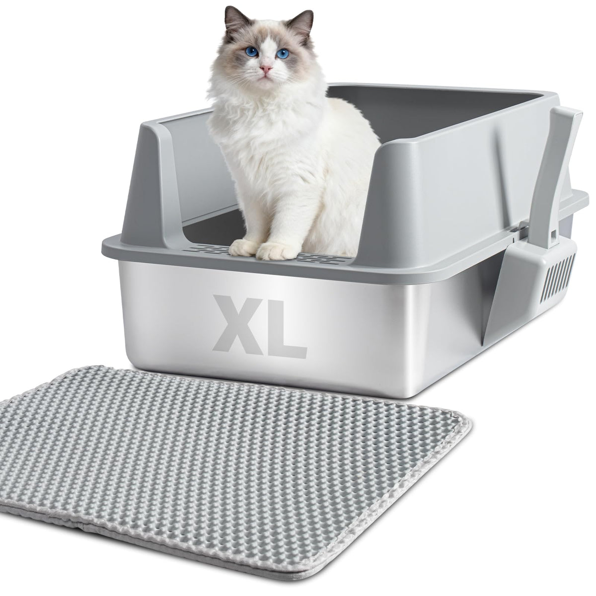Nyutu XL stainless litter box with cover helps contain mess and spills.