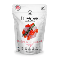 The New Zealand Natural Pet Food Co. Meow freeze dried in a bowl delivers tasty, high-protein nutrition.