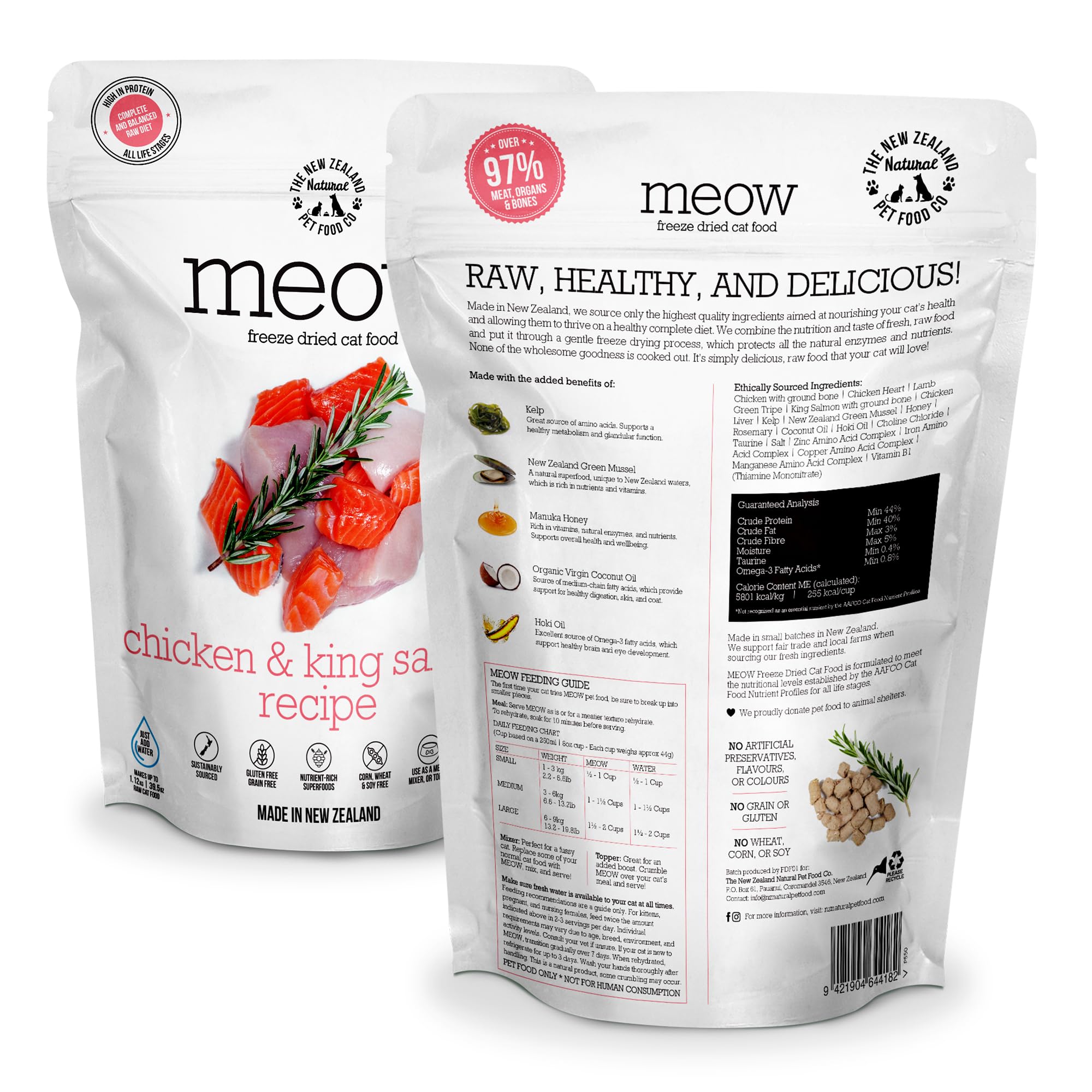 Close-up of ingredients highlights chicken and king salmon for natural flavor.
