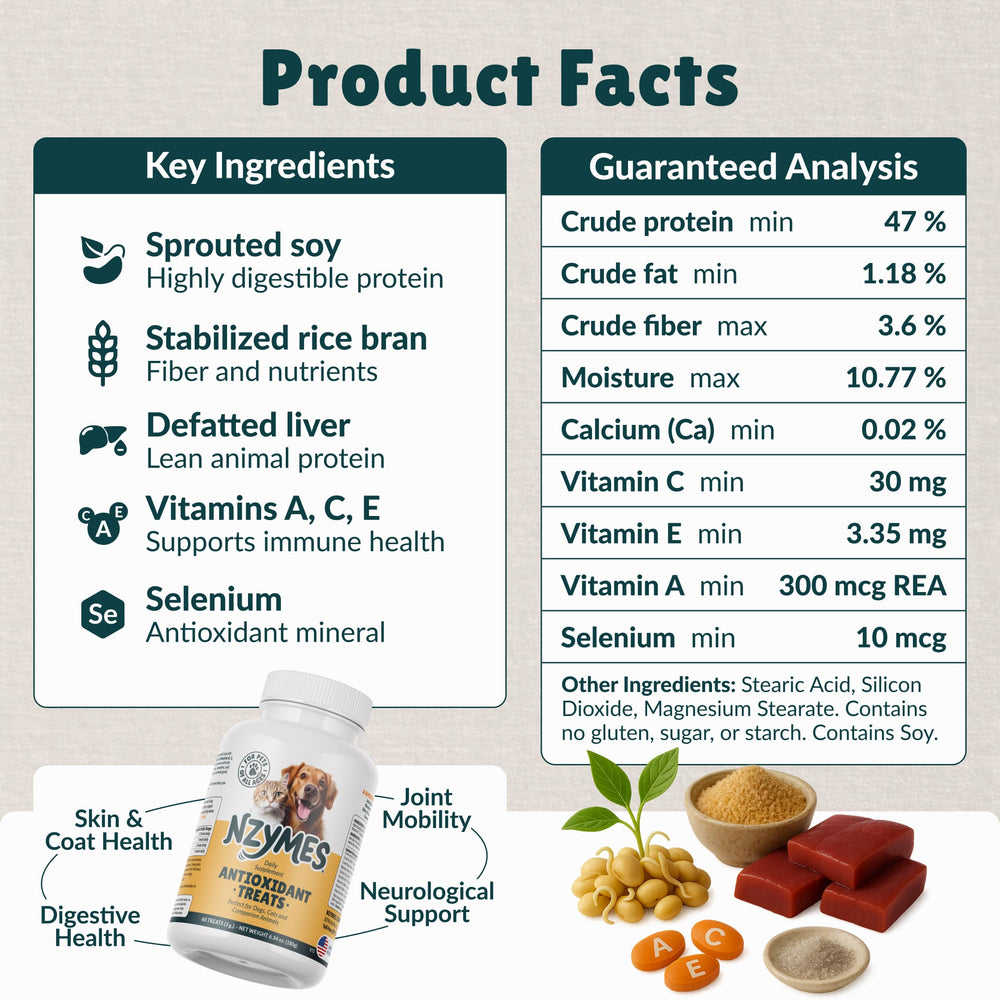 Nzymes Antioxidant Treats on counter promoting digestion-friendly supplement.