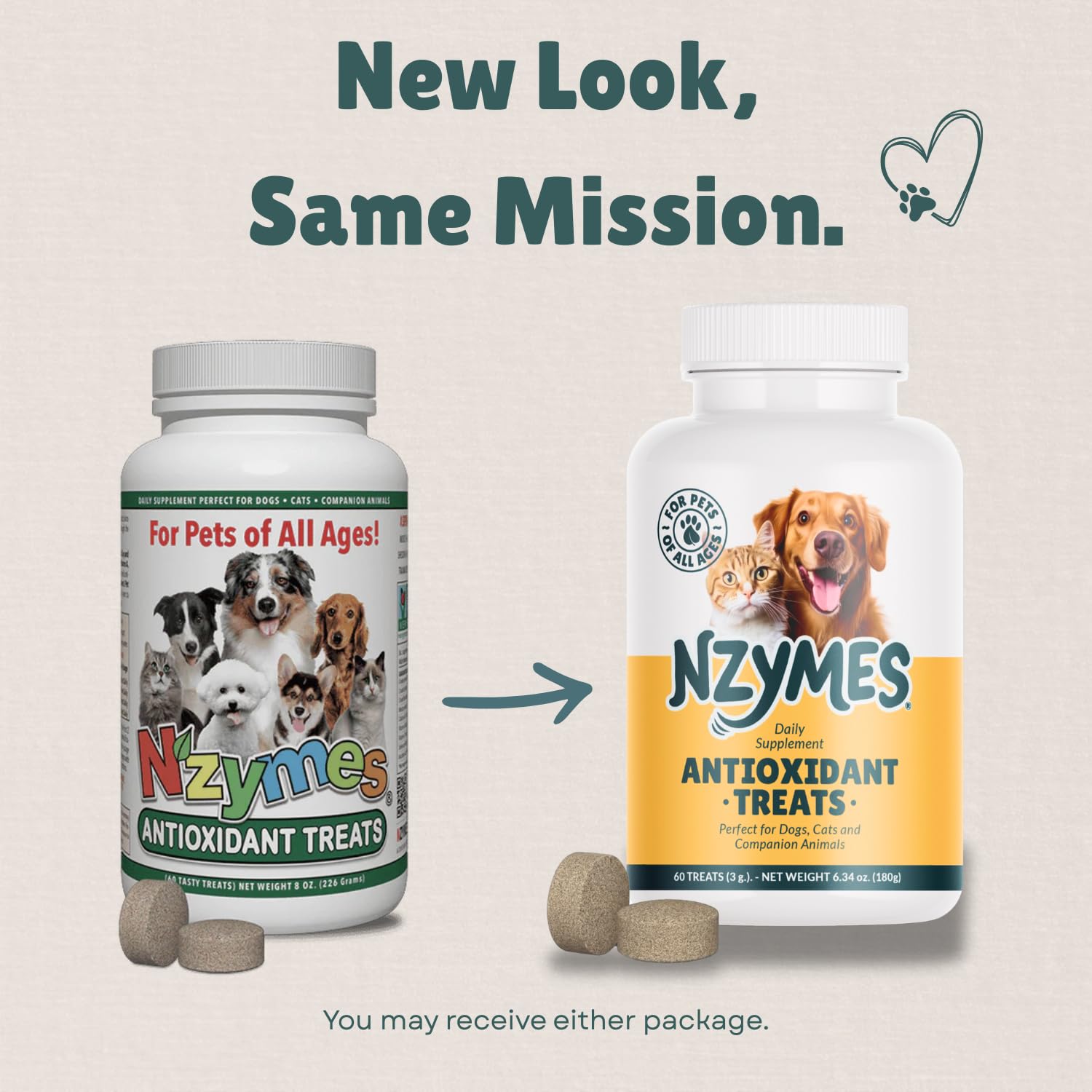 Nzymes Antioxidant Treats product info card indicating skin and coat nourishment.