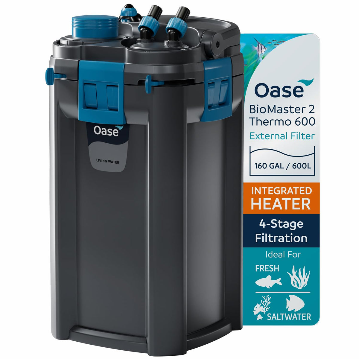 OASE BioMaster 2 Thermo 600 exterior view shows rugged canister design for reliable filtration.