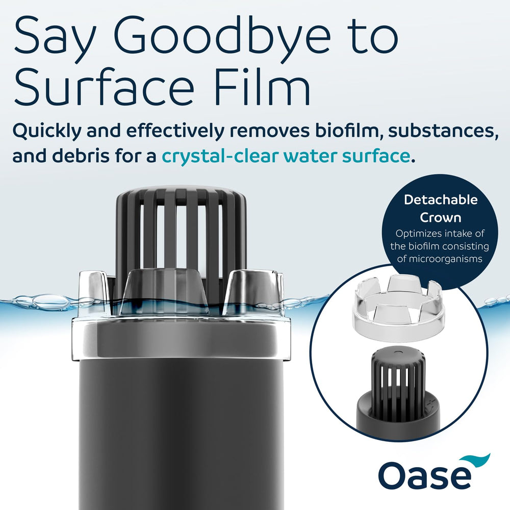 OASE CrystalSkim 350 bottom outlet boosts flow in low-rotation zones.