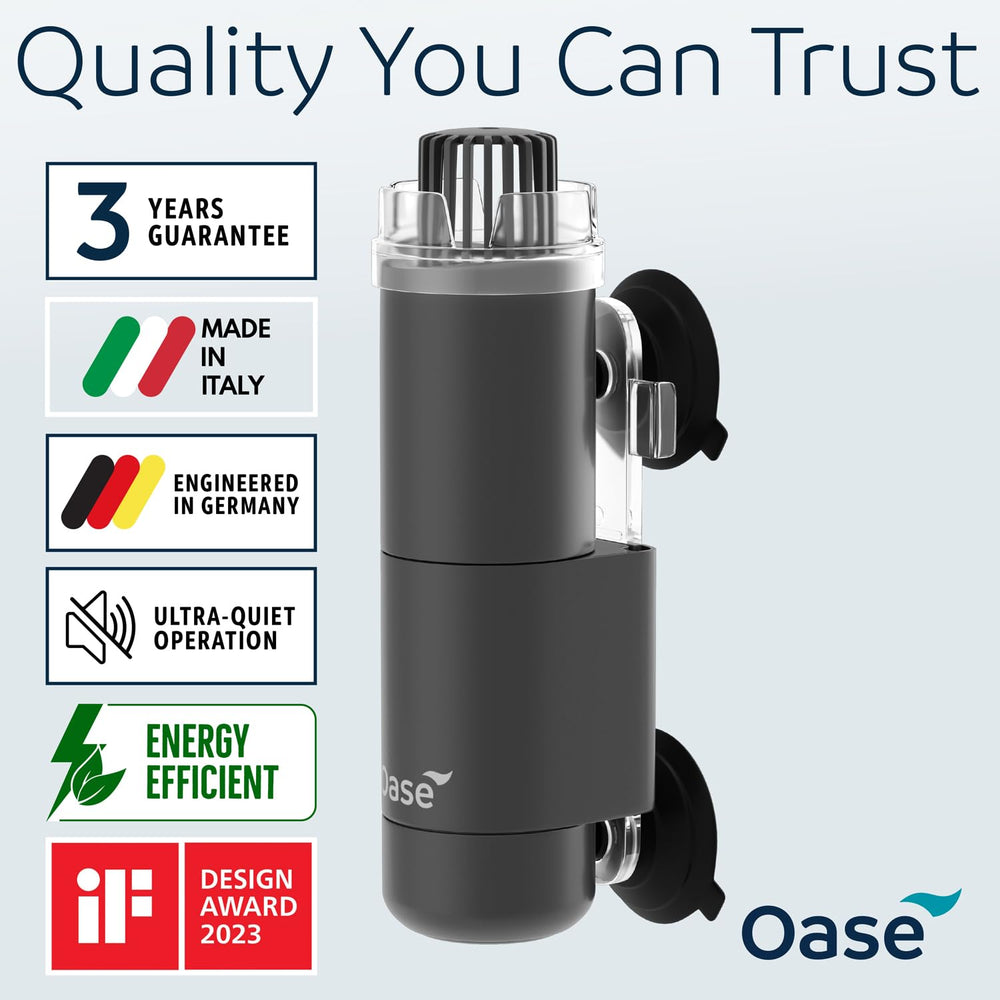OASE CrystalSkim 350 compact design fits tight setups and runs quietly.