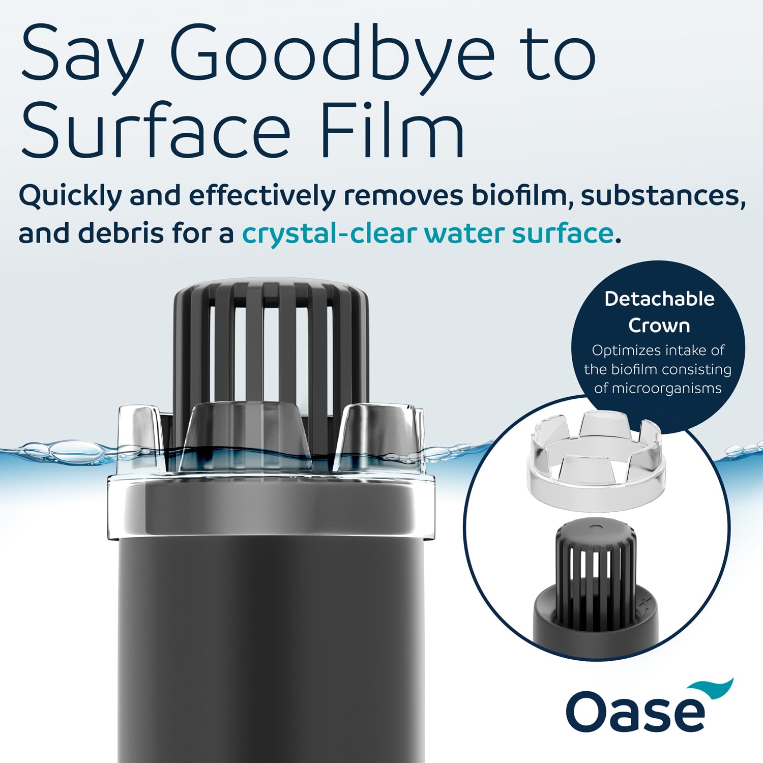 OASE CrystalSkim 600 bottom outlet boosts circulation in low-flow areas.