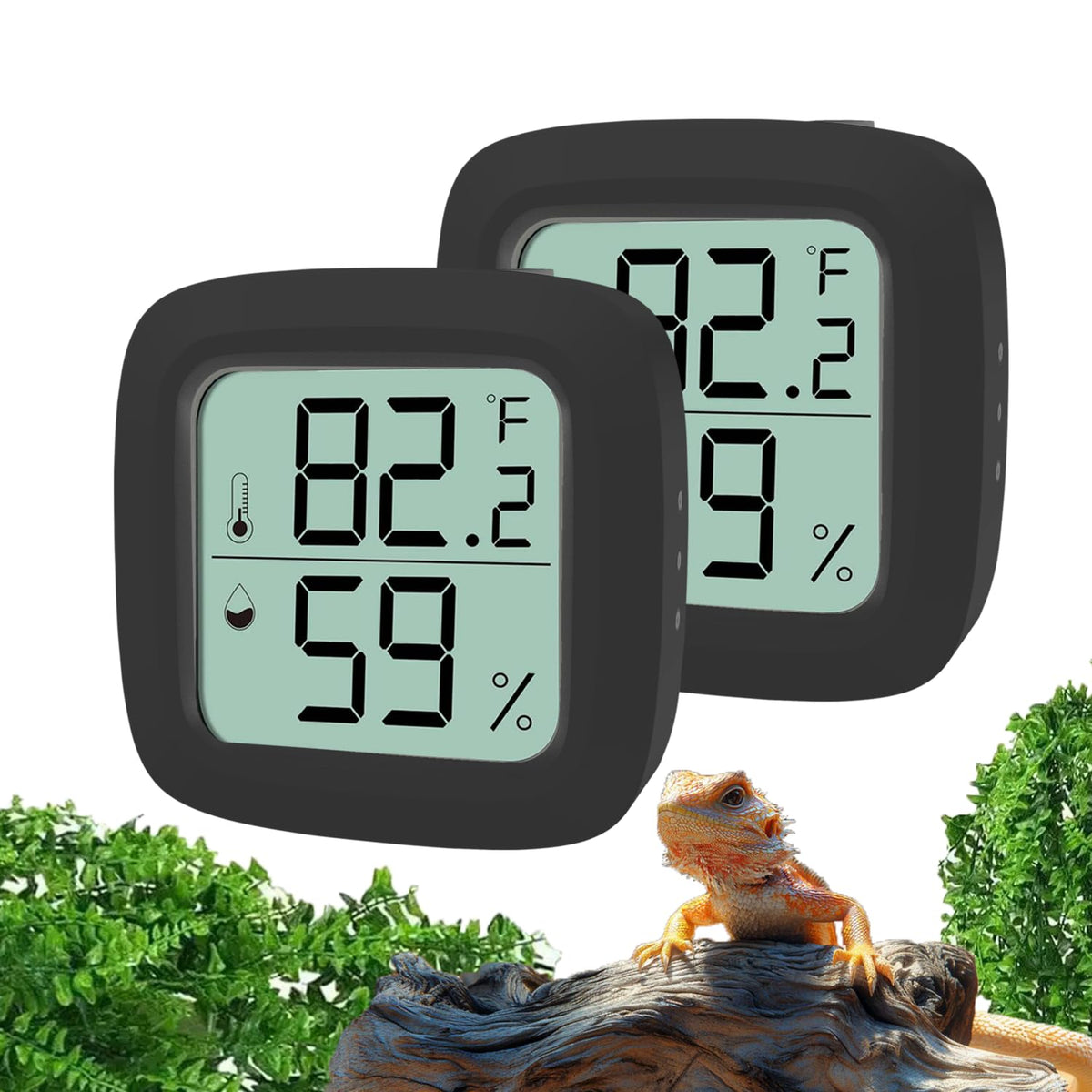 Oasirep black two-pack thermometer hygrometer set for dual-zone monitoring in small vivariums.