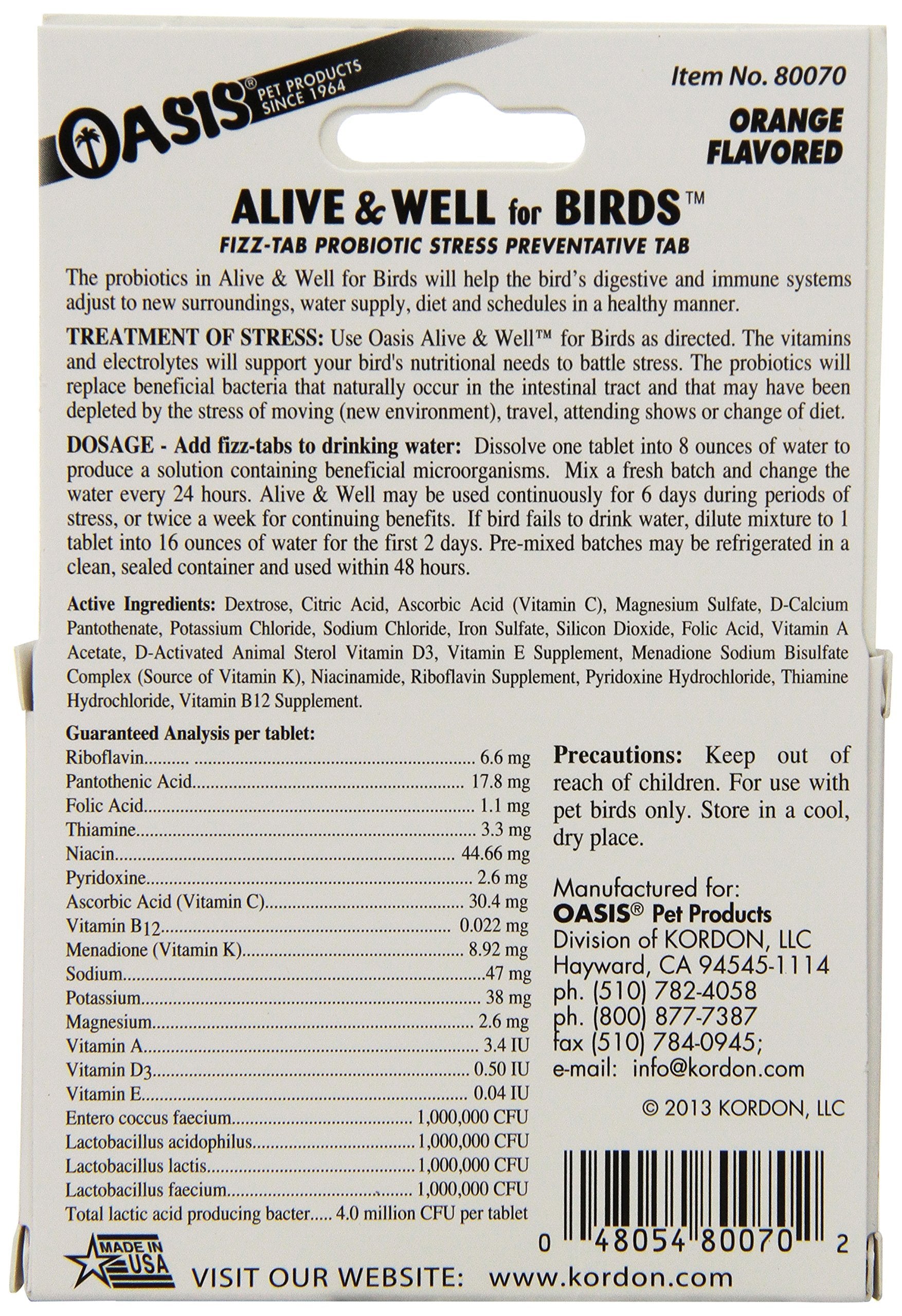 Oasis Alive and Well orange fizz tab blends with water for stress prevention in birds.