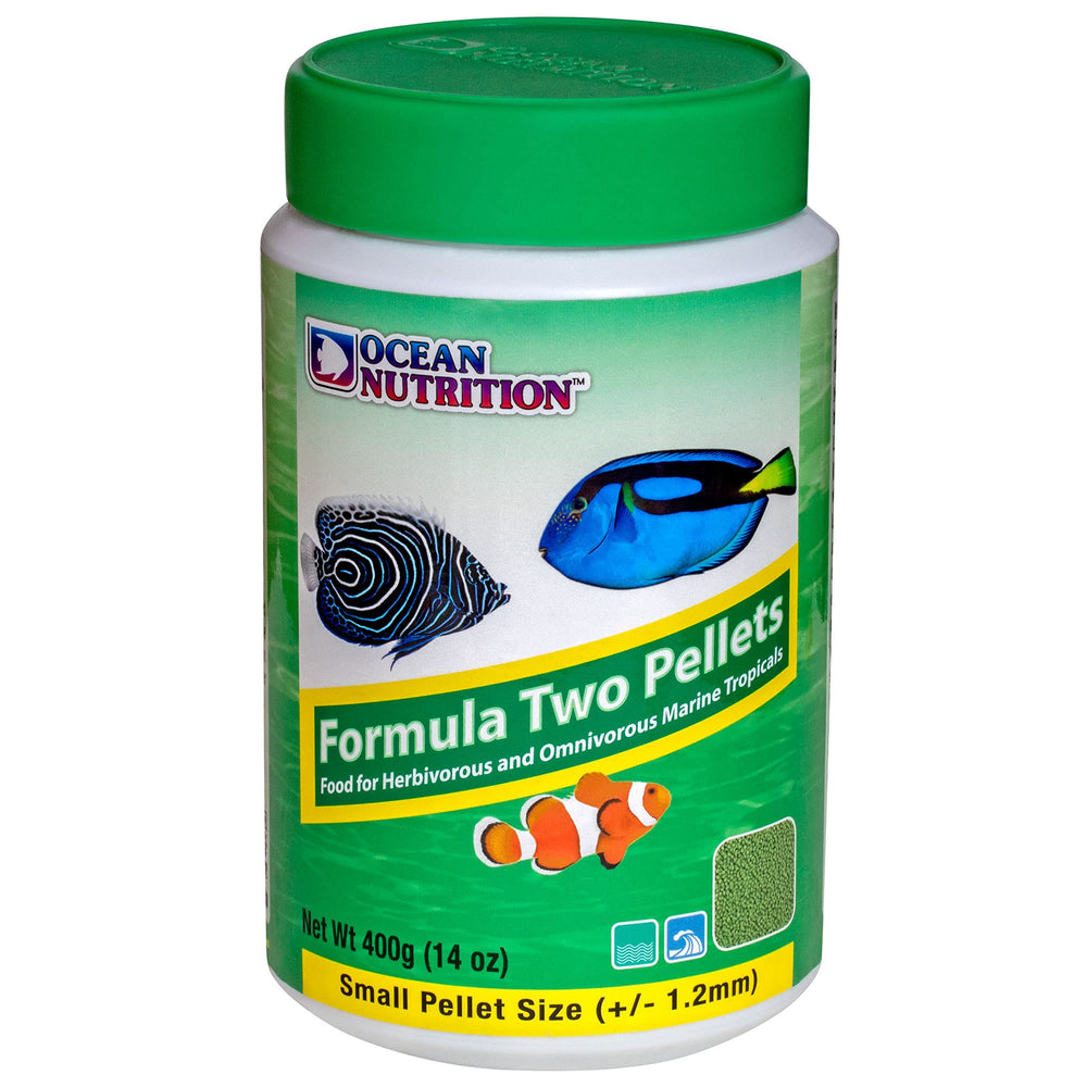 Ocean Nutrition Formula Two Pellets in tank image demonstrates clear-water feeding benefits.