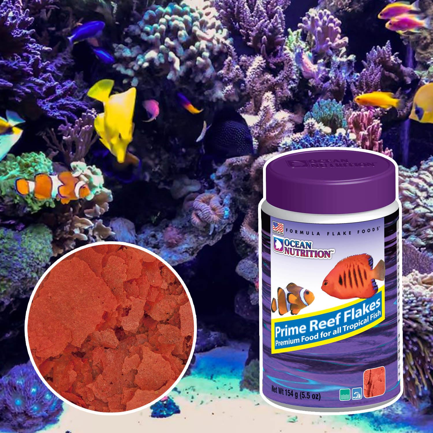 Flakes close-up highlighting natural ingredients and marine proteins for reef health