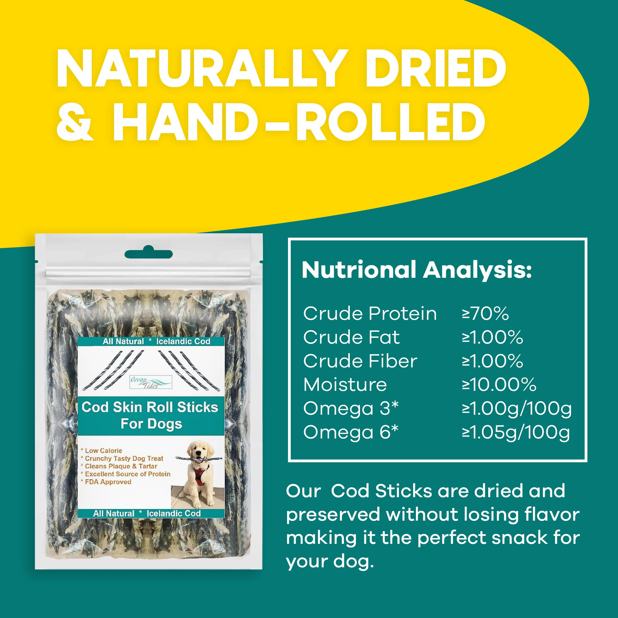 Ocean Tides hand-rolled cod skins—uniform pieces for consistent chew time.