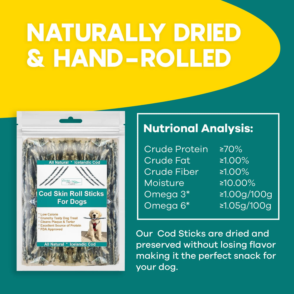 Ocean Tides hand-rolled cod skins—uniform pieces for consistent chew time.