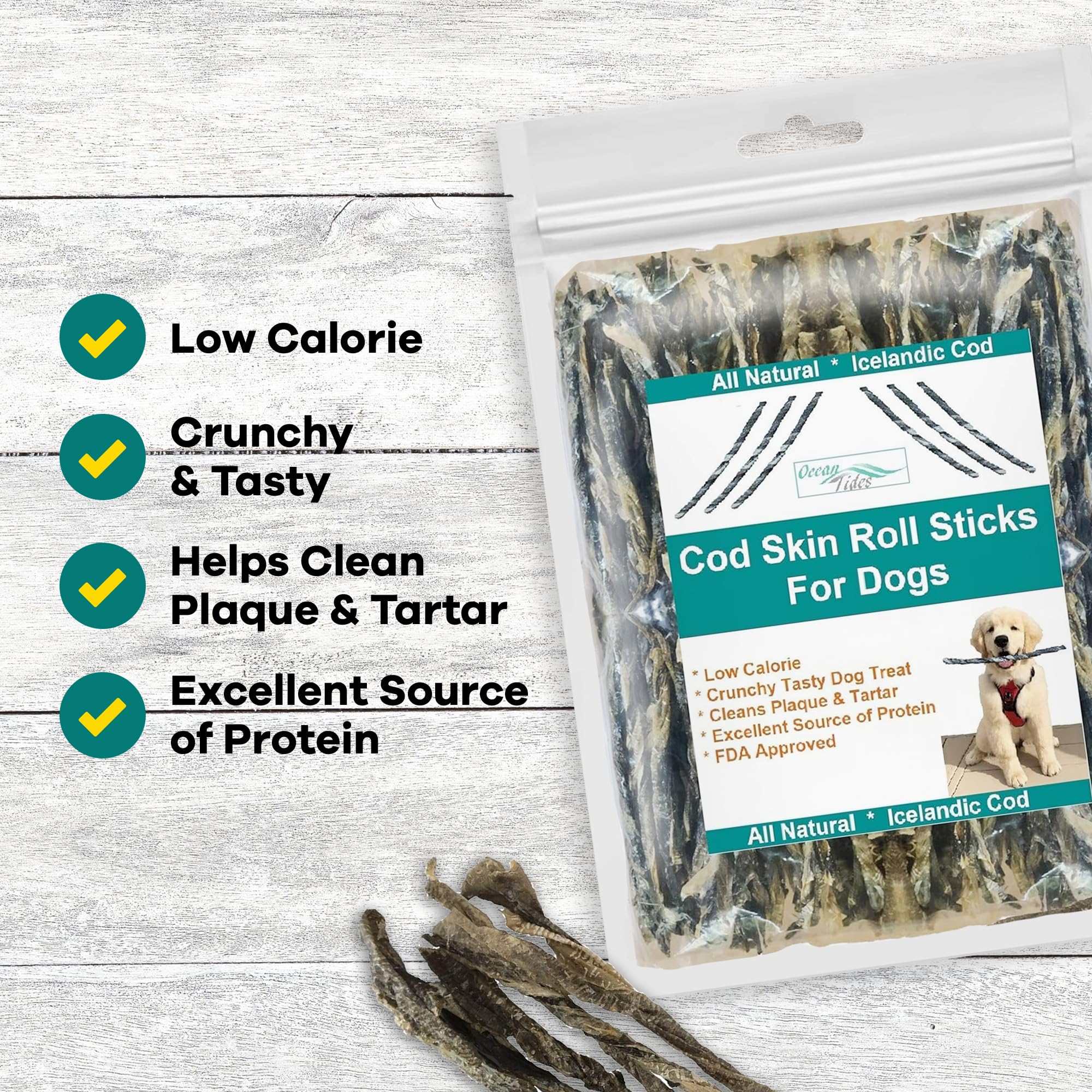 Ocean Tides single-ingredient cod skins for dogs—simple, natural treat with no fillers.