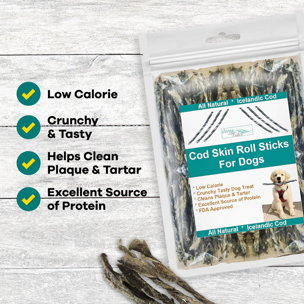 Ocean Tides single-ingredient cod skins for dogs—simple, natural treat with no fillers.