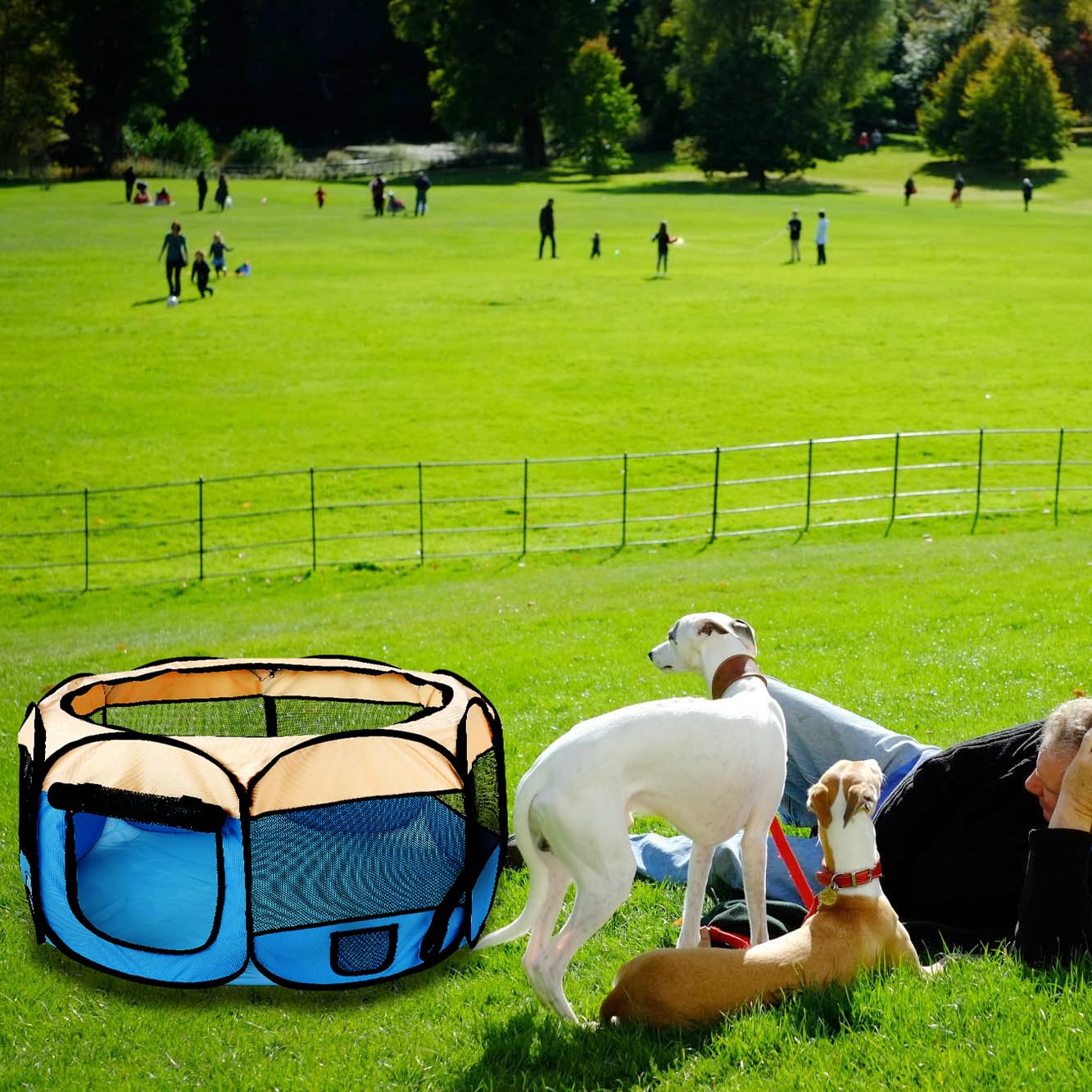 OceeK pet playpen folded design showcases portable use anywhere.