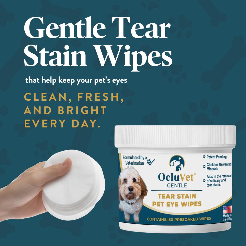 OcluVet Tear Stain Wipes jar close-up showing convenient, ready-to-use wipes.