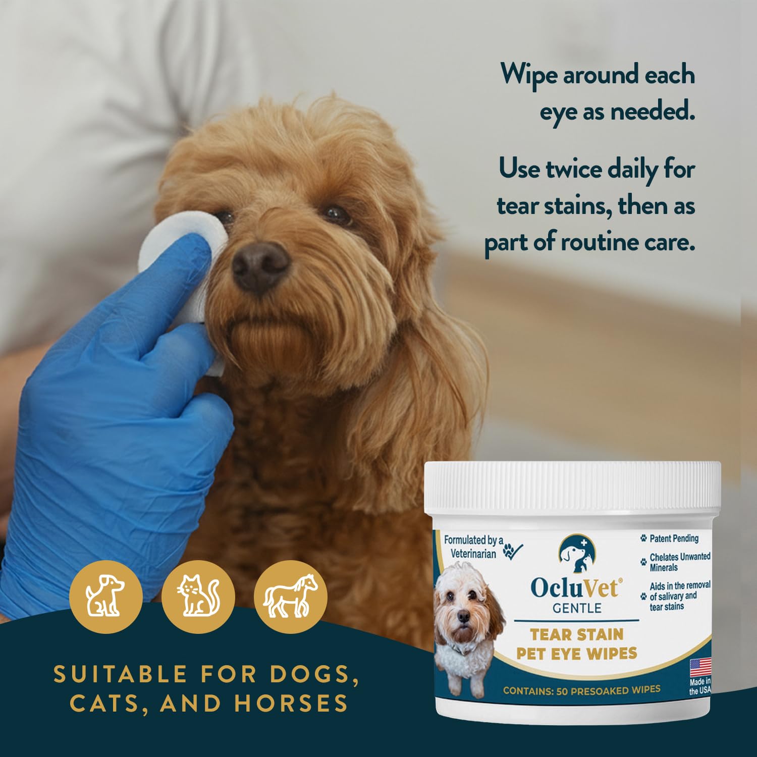 OcluVet Tear Stain Wipes target mineral buildup around eyes for cleaner look.