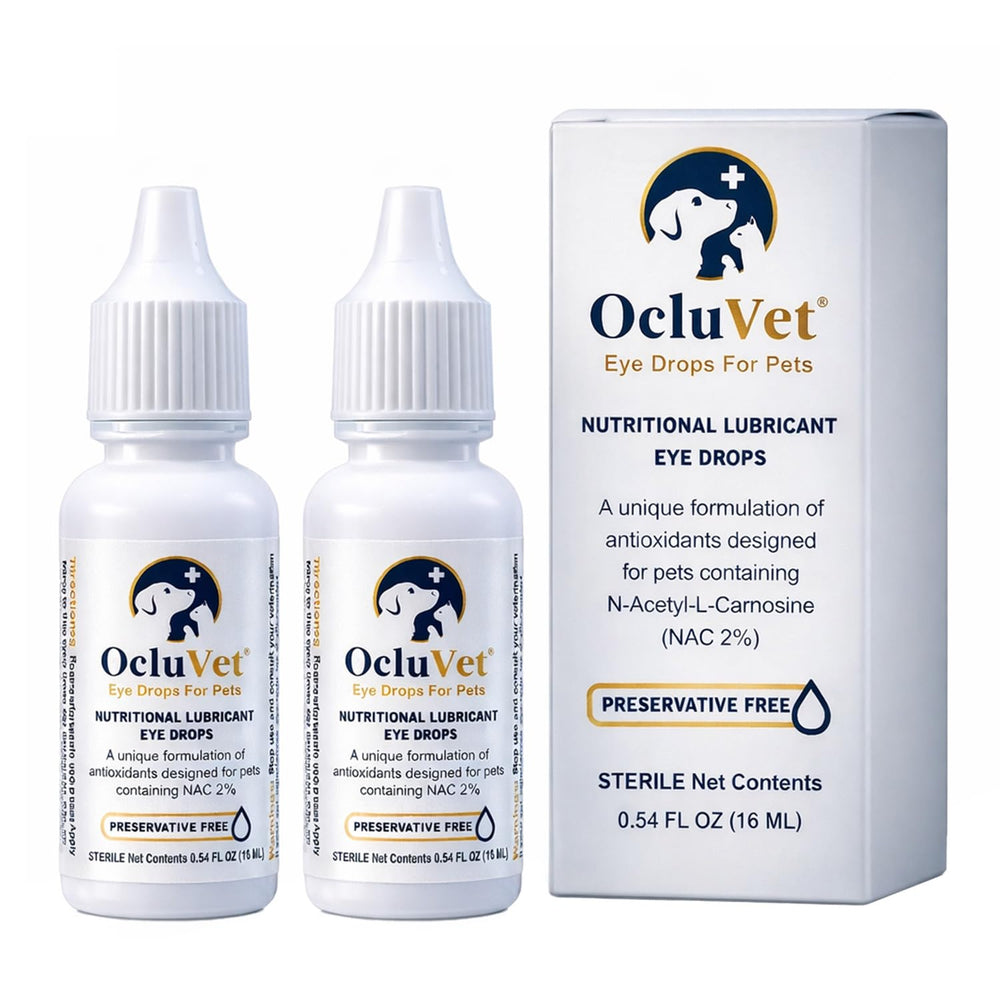 OcluVet eye drops bottle pour demonstrates easy application for pets.