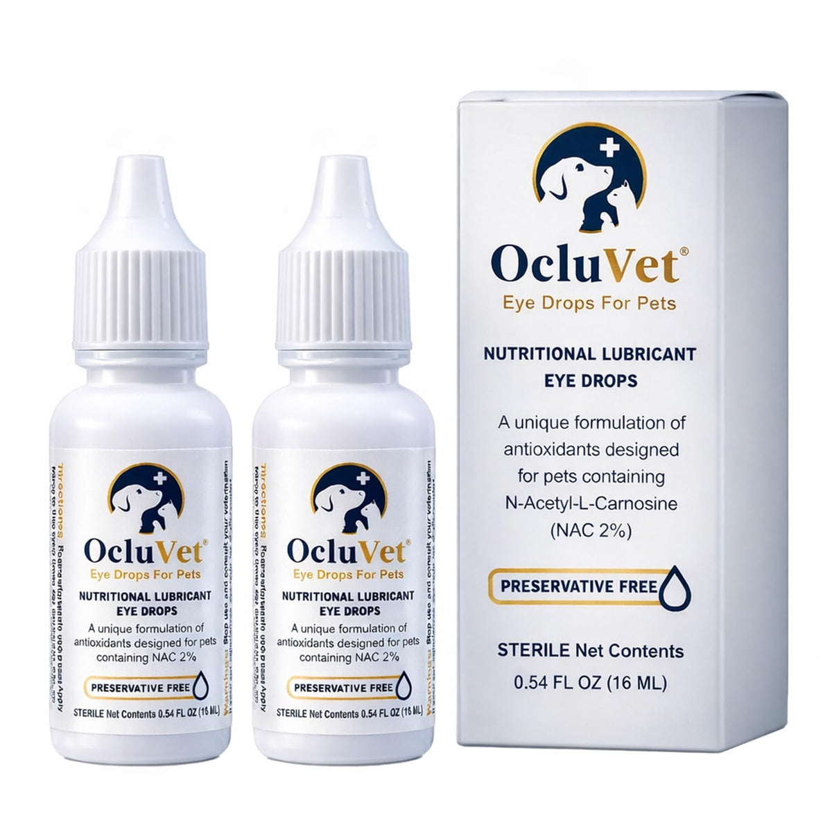 OcluVet eye drops bottle pour demonstrates easy application for pets.