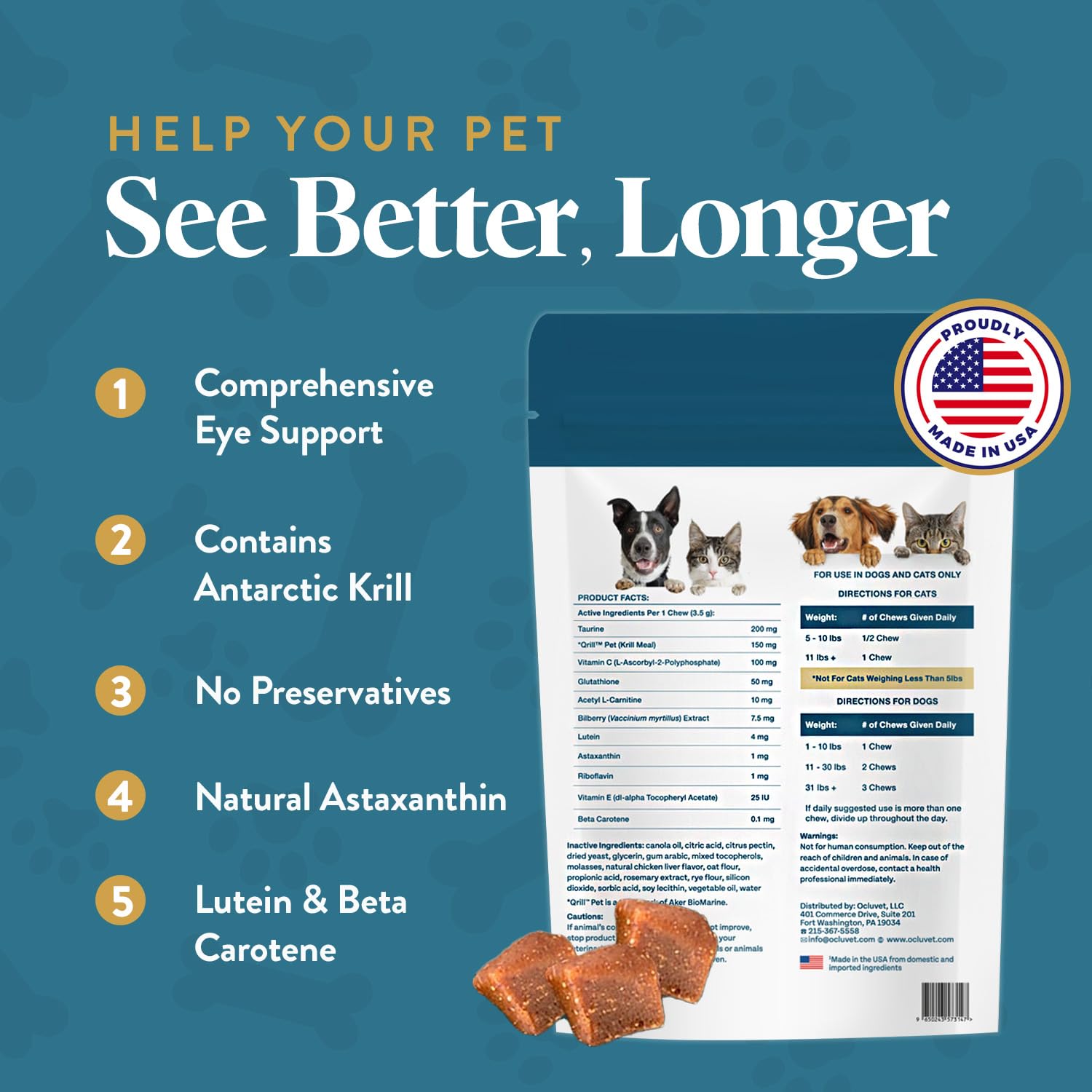OcluVet Vision Chews on a pet eating scene, for easy routine eye care.