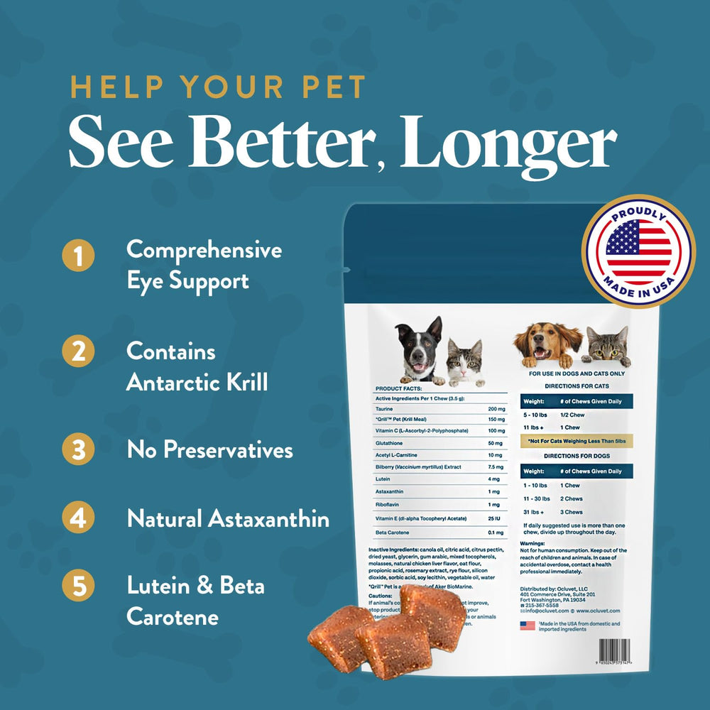 OcluVet Vision Chews on a pet eating scene, for easy routine eye care.