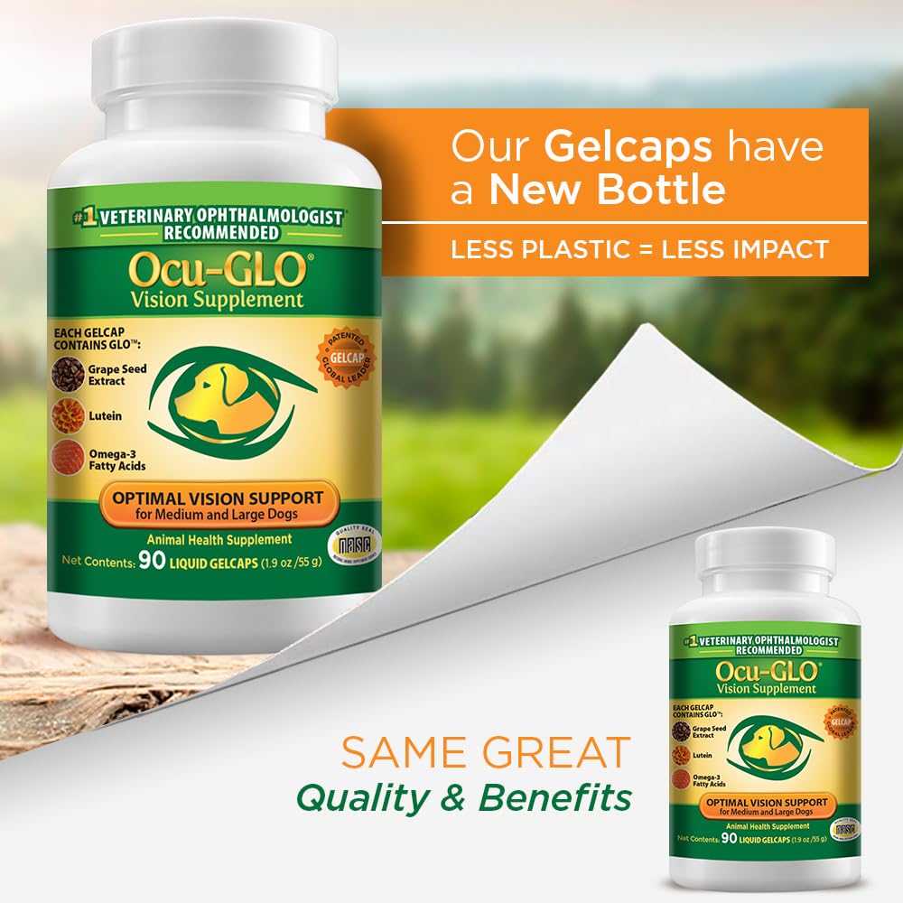 Ocu-GLO 90-count label highlights ingredients and vet-recommended formula