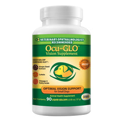 Ocu-GLO Canine Vision supplement bottle on counter for small dogs