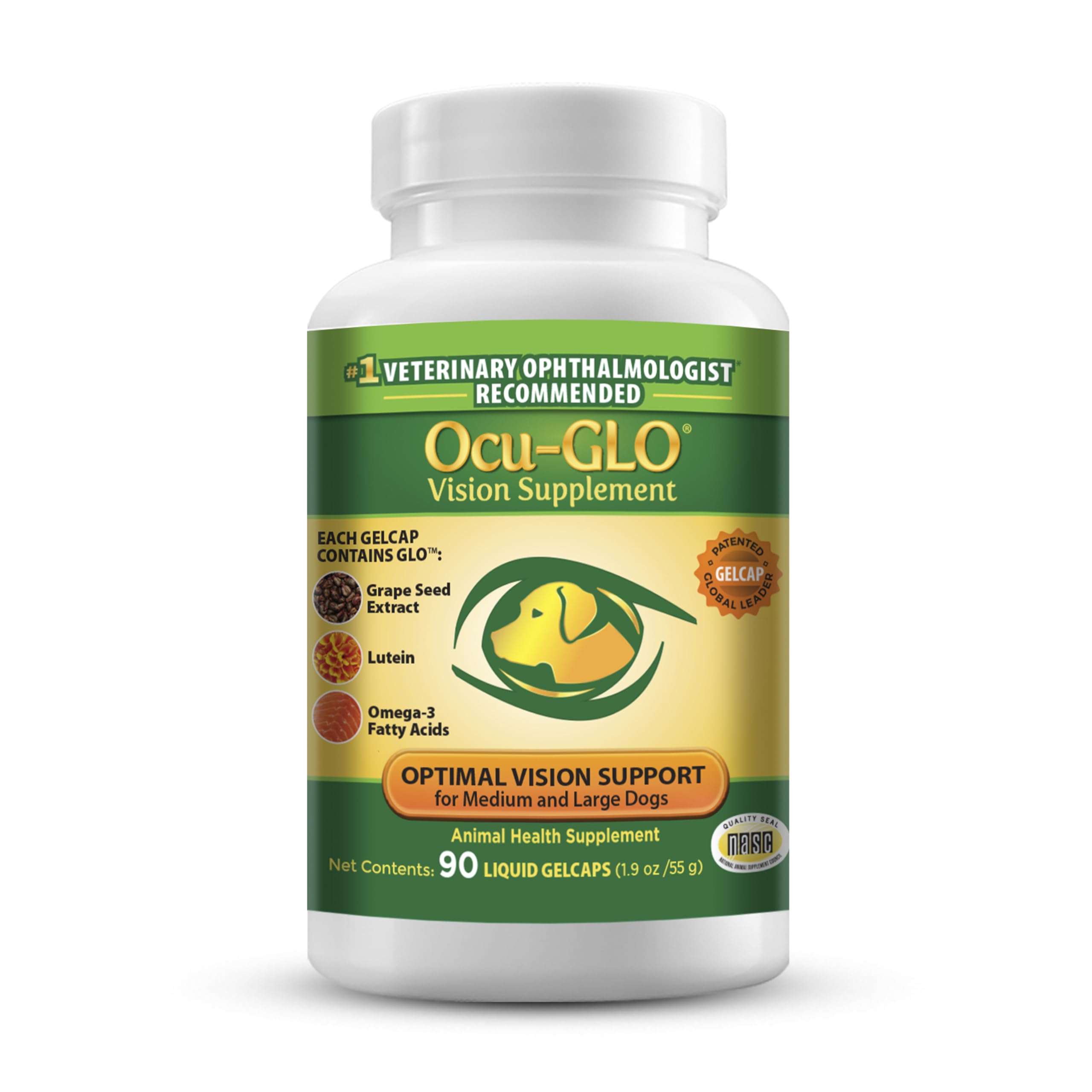 Ocu-GLO dog eye health bottle displaying antioxidants and dosage for daily use