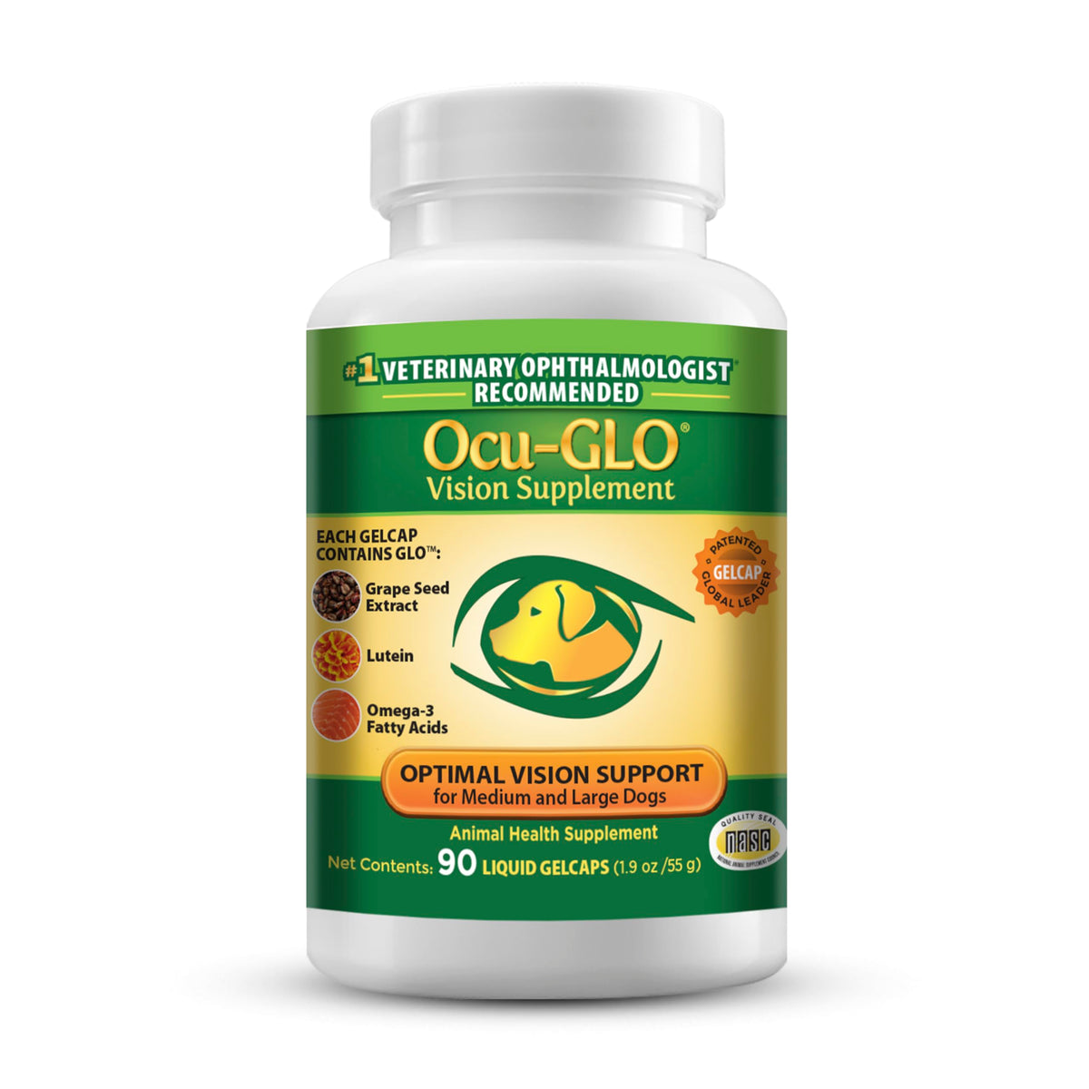 Ocu-GLO dog eye health bottle displaying antioxidants and dosage for daily use