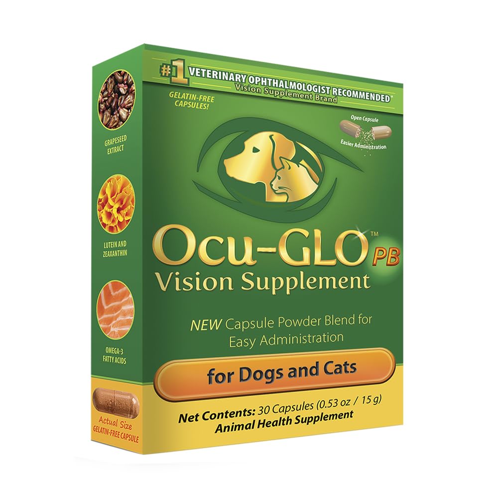 Ocu-GLO PB powder bottle dispensing into pet food for easy administration