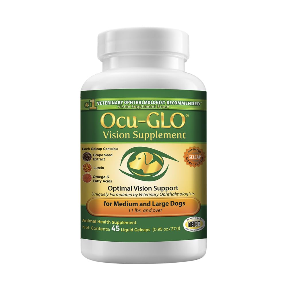 Ocu-GLO Vision bottle displayed for daily eye health support for dogs.